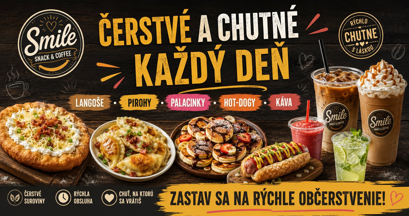 Smile Snack&Coffee čerstvé langoše, pirohy, palacinky, hot dogy a káva